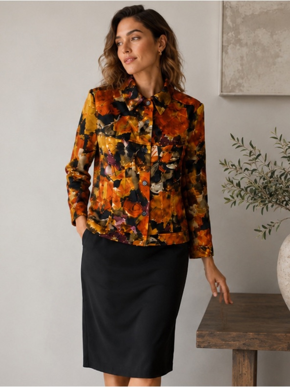 Pendleton 100% Silk Abstract Floral Shirt Jacket & Black Midi Skirt Set Size 10